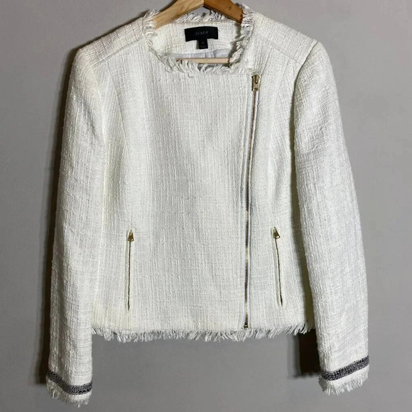 J.Crew Tweed Motorcycle Jacket with Fringe Women's 12 White Gold Career Preppy - Picture 6 of 16